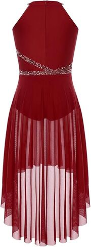 Women Adult Lyrical Dance Dress Modern Contemporary Costume Sparkly Rhinestones Ruched Asymmetrical Hem Ballet Dancewear(Red,M) in Kuwait