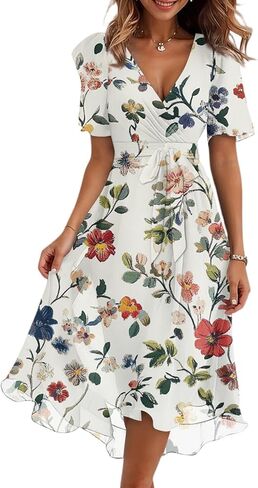 Summer Chiffon Midi Dresses for Women Elegant Classy V Neck Dress Wedding Guest Floral Prom Cocktail Dress with Belt in Saudi Arabia