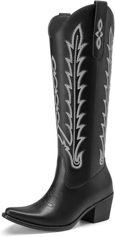 Athlefit Cowboy Boots for Women Knee High Comfortable Pull On Chunky Heel Embroidered Cowgirl Western Tall Boots for Concert in Saudi Arabia