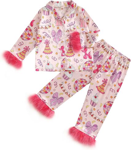 Toddler Girl Birthday Pajamas Silk Stain Pjs Cake Balloons Button Down Shirt 2PCS Sleepwear Set Kids Girls Nightgown in Saudi Arabia