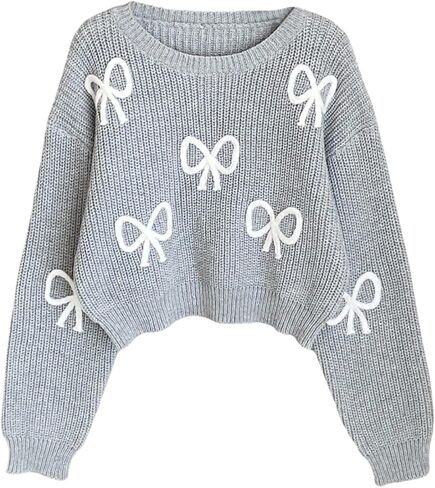 OYOANGLE Girl's Bow Cropped Sweater Bishop Long Sleeve Crewneck Drop Shoulder Knit Pullover Jumper Tops in Saudi Arabia