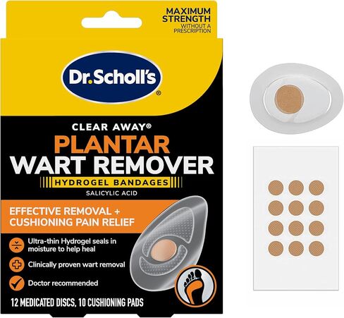 Dr. Scholl's Plantar WART Remover HYDROGEL Bandage // 12 Discs/10 Cushions, Immediate Cushioning Pain Relief, Ultra-Thin, Maximum Strength, 12 Treatments in Kuwait