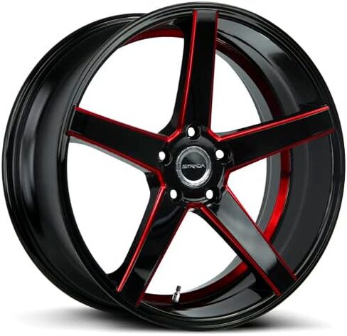 عجلة STRADA PERFETTO المخصصة - 20x8.5، 35 إزاحة، نمط مسمار 5x114.3، محور 72.6 مم - أسود لامع مع حافة لمسات مطحونة باللون الأحمر الحلوى in Kuwait