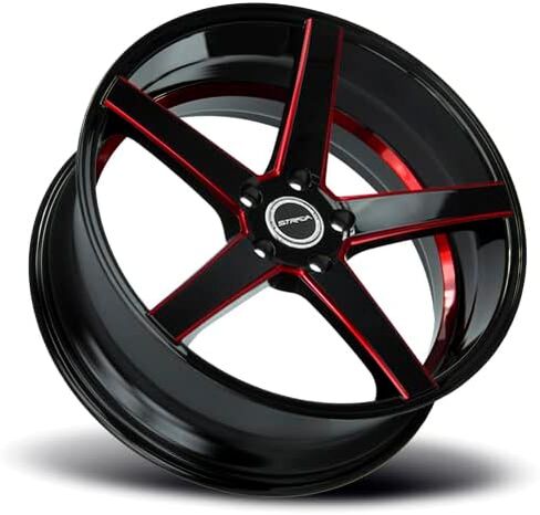 عجلة STRADA PERFETTO المخصصة - 20x8.5، 35 إزاحة، نمط مسمار 5x114.3، محور 72.6 مم - أسود لامع مع حافة لمسات مطحونة باللون الأحمر الحلوى in Kuwait