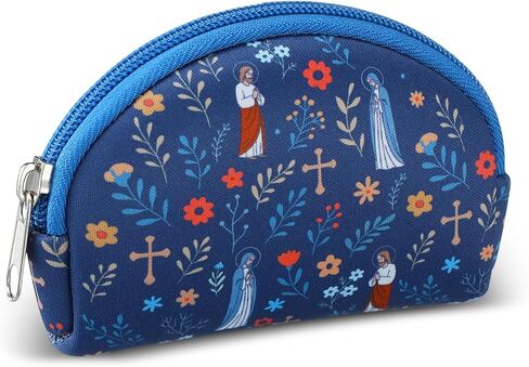 Sanwuta Catholic Rosary Pouch for Women Men Zippered Pouches Bead Holder Bag with Cross Jesus Our Lady Floral Print Blue Rosarios Religious Accessory Carriers for Christian Catholic Gift in Saudi Arabia