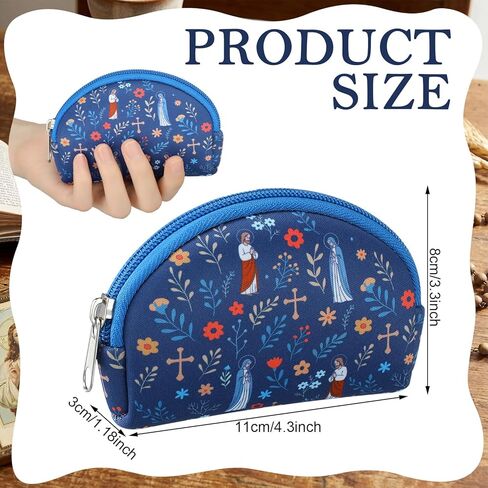 Sanwuta Catholic Rosary Pouch for Women Men Zippered Pouches Bead Holder Bag with Cross Jesus Our Lady Floral Print Blue Rosarios Religious Accessory Carriers for Christian Catholic Gift in Saudi Arabia