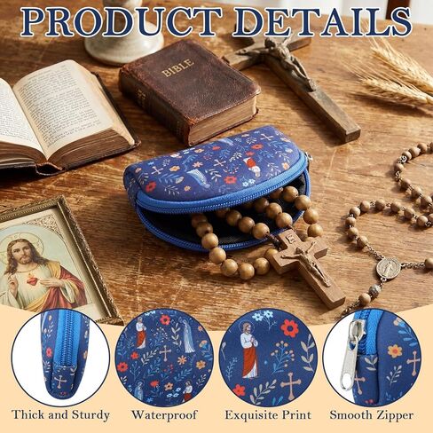 Sanwuta Catholic Rosary Pouch for Women Men Zippered Pouches Bead Holder Bag with Cross Jesus Our Lady Floral Print Blue Rosarios Religious Accessory Carriers for Christian Catholic Gift in Saudi Arabia