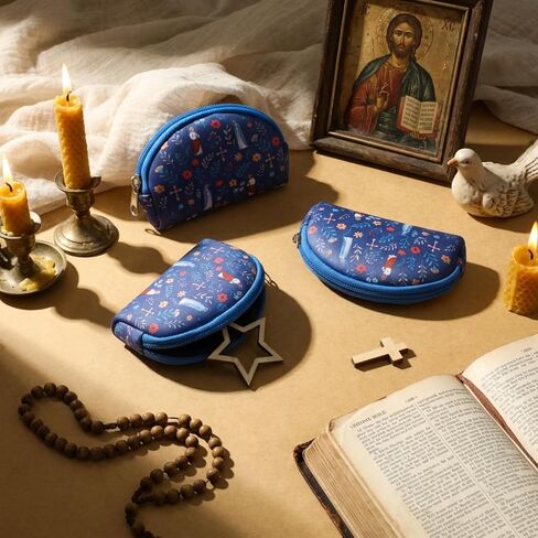 Sanwuta Catholic Rosary Pouch for Women Men Zippered Pouches Bead Holder Bag with Cross Jesus Our Lady Floral Print Blue Rosarios Religious Accessory Carriers for Christian Catholic Gift in Saudi Arabia