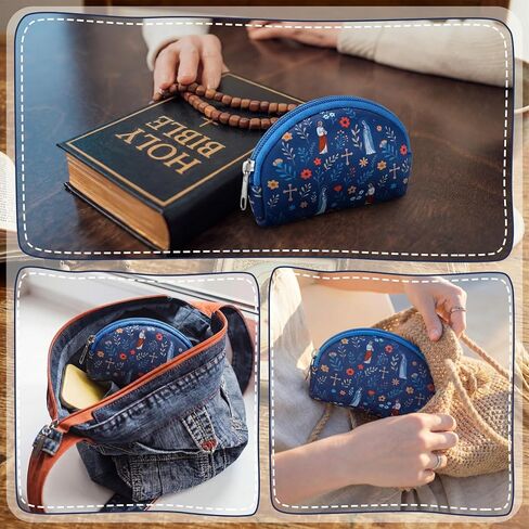 Sanwuta Catholic Rosary Pouch for Women Men Zippered Pouches Bead Holder Bag with Cross Jesus Our Lady Floral Print Blue Rosarios Religious Accessory Carriers for Christian Catholic Gift in Saudi Arabia