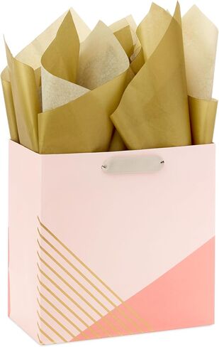 Hallmark Signature Studio 7" Medium Square Gift Bag with Tissue Paper (Coral, Blush Pink, Gold Stripes) for Birthdays, Bridal Showers, Weddings, Baby Showers, Galentines in Kuwait