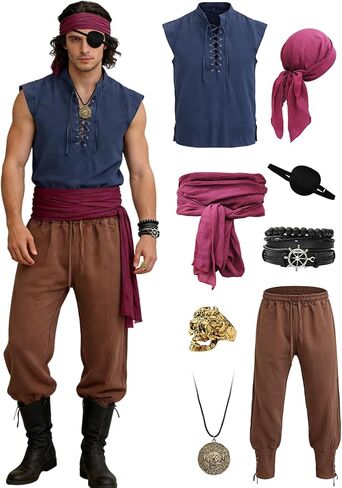 Verceco رجل القراصنة زي 8 قطعة عصر النهضة قميص بدون أكمام الكاحل النطاقات السراويل وشاح حزام والاكسسوارات LARP تأثيري in Kuwait