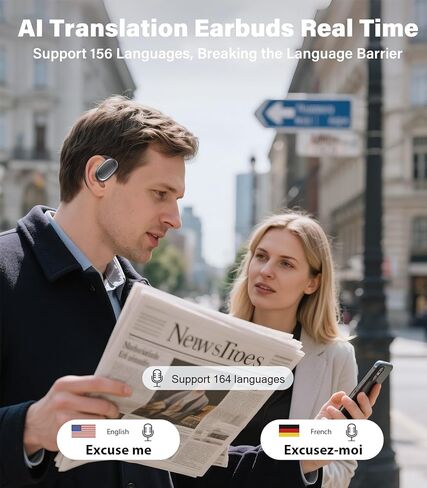 سماعات أذن للترجمة في الوقت الحقيقي 156 لغة، وقت تشغيل 60 ساعة، تحكم في تطبيق AI، سماعات أذن مفتوحة للترجمة بلوتوث 8 في 1، Audiofonos Traductores Inglés Español لتعلم الأعمال أثناء السفر، أسود in Kuwait