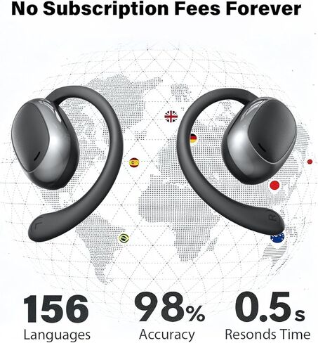 سماعات أذن للترجمة في الوقت الحقيقي 156 لغة، وقت تشغيل 60 ساعة، تحكم في تطبيق AI، سماعات أذن مفتوحة للترجمة بلوتوث 8 في 1، Audiofonos Traductores Inglés Español لتعلم الأعمال أثناء السفر، أسود in Kuwait