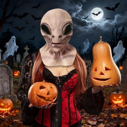 Alien Mask, Latex Horror UFO Full Head Dress Up Mask for Adults Halloween Headdress Party Props - Light Brown in Saudi Arabia