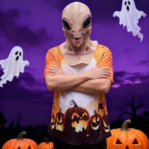 Alien Mask, Latex Horror UFO Full Head Dress Up Mask for Adults Halloween Headdress Party Props - Light Brown in Saudi Arabia
