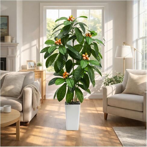 شجرة إسكدنيا الاصطناعية: شجرة فو نبات فواكه استوائية وهمية واقعية ونباتات أرضية حريرية كبيرة مع فواكه نابضة بالحياة ووعاء لديكور المنزل في الأماكن المغلقة والمفتوحة وغرفة المكتب والفناء والشرفة (5 أقدام، عبوة واحدة، أبيض) in Kuwait