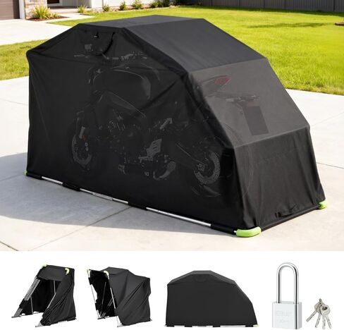 VEVOR Motorcycle Storage Shelter 110 x 43 x 63 in with Security Lock, 600D Oxford Flip-Up Garage Tent, Heavy-Duty All-Weather Motorcycle Cover Shed with 2 Side Windows, Outdoor Vehicle Shelter, Black in Saudi Arabia