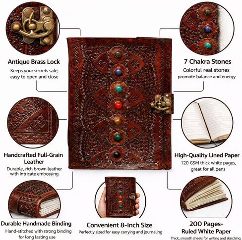يوميات مجلة جلدية من مونتكسو | دفتر ملاحظات بني مصنوع يدويًا مقاس 8 بوصات مع قفل | كراسة الرسم السبعة ستون | الرفيق المثالي لمغامرات DND للرجال والنساء والكتابة القديمة in Kuwait