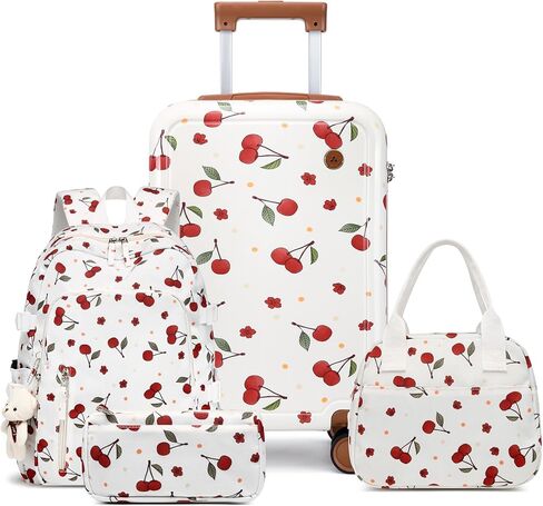 Somago 4 Piece Kid's Luggage with Backpack Set for Boys Girls Spinner 18" Hardside PC Rolling Carry on Suitcase with TSA Lock (Cherry White) in Saudi Arabia