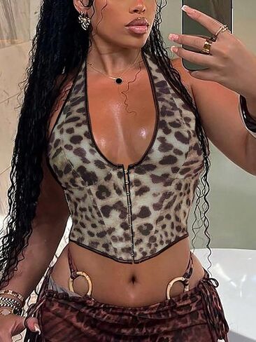 Y2K Halter Corset For Women Vintage Leopard V-Neck Lace Up Boned Hooks and Eyes Bustier Halloween Going out Crop Tops in Saudi Arabia