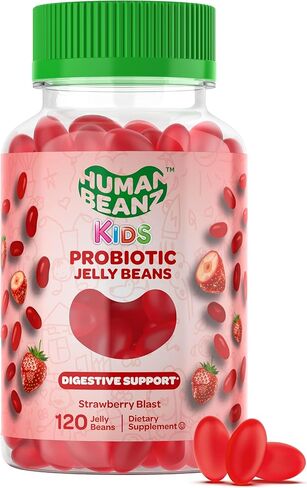 Human Beanz Probiotic Jelly Bean Gummies للأطفال، مكملات بروبيوتيك لصحة الجهاز الهضمي، مكملات نباتية غذائية، 120 فاصوليا جيلي بالفراولة، كوشير in Kuwait
