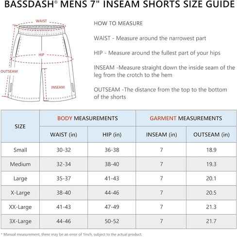 BASSDASH Men's 7" Inseam Hiking Fishing Shorts UPF 50+ with 3 Zipper Pockets Lightweight Water Resistant Quick Dry FP12M in Saudi Arabia