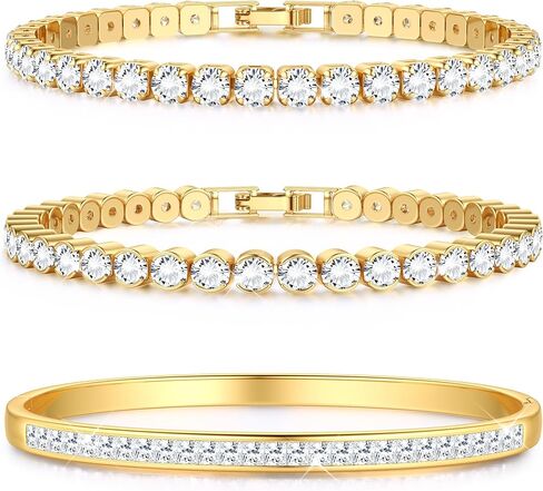 Yadoca Tennis Bracelets for Women Gold Bangle Bracelet Set 18K Gold Plated Stackable Cubic Zirconia CZ Diamond Bracelets Stack Wedding Bracelets for Brides Dainty Jewelry Gift Sizes 6.5-7.5 Inch 3Pcs in Saudi Arabia