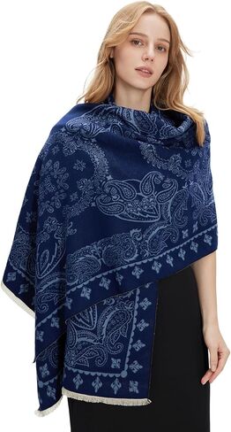 zero season Pashmina Shawl Wrap for Women Printed Scarf for Evening Dress, Wedding, Bridesmaid Gift, Formal Event, Blanket Poncho Cape Paisley Navy Blue Pattern in Saudi Arabia
