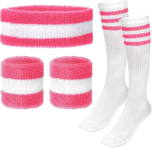 5 PCS Sweatbands Set, Sweat Bands Neon Sports Headband Wristbands and Striped Socks Set Pink Headband Sports Headbands 80s 90s Costumes Accessories Fitness Workout Outfit for Women and Men in Saudi Arabia