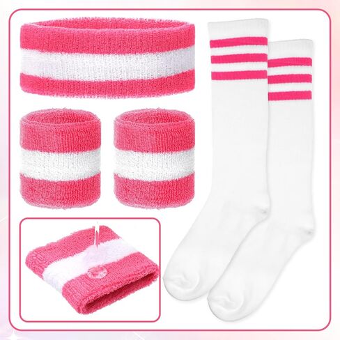 5 PCS Sweatbands Set, Sweat Bands Neon Sports Headband Wristbands and Striped Socks Set Pink Headband Sports Headbands 80s 90s Costumes Accessories Fitness Workout Outfit for Women and Men in Saudi Arabia