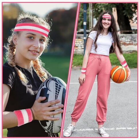 5 PCS Sweatbands Set, Sweat Bands Neon Sports Headband Wristbands and Striped Socks Set Pink Headband Sports Headbands 80s 90s Costumes Accessories Fitness Workout Outfit for Women and Men in Saudi Arabia