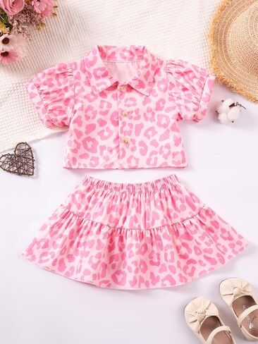 Girls Summer Outfit Set, Pink Leopard Print, 2 Piece Button-Up Top with Ruffle Skirt in Saudi Arabia