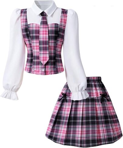 WDIRARA طقم ملابس Preppy للفتيات مكون من قطعتين، قمصان منقوشة وأكمام منتفخة بياقة، تنانير مطوية، مجموعات مريحة in Saudi Arabia