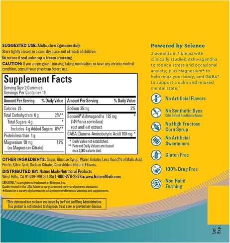 Nature Made Wellblends Calm Mind & Body, Magnesium Citrate, Ashwagandha 125mg & GABA 100mg Blend for Stress Relief, 38 Gummy Vitamins in Saudi Arabia