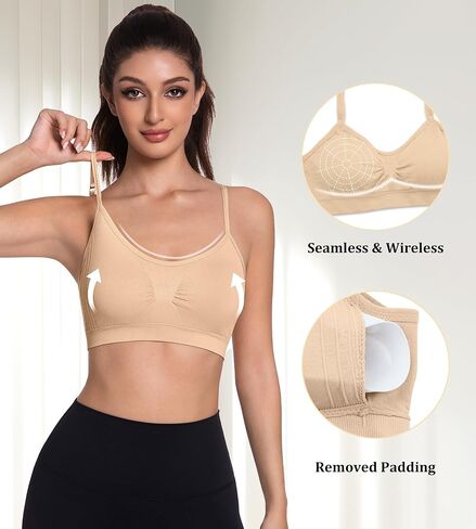 3 Pack Sports Bras for Women - V Neck Padded Wireless Seamless Tank Top Comfy Sleep Yoga Bralette Cropped Cami in Kuwait