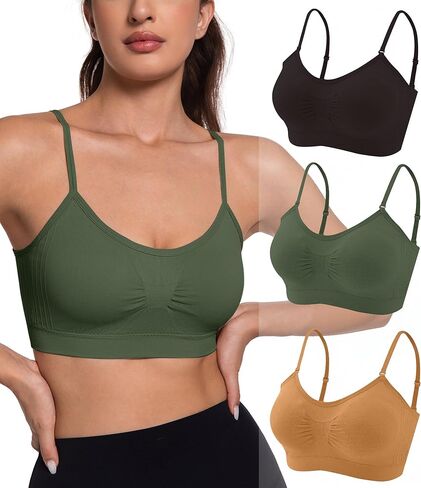 3 Pack Sports Bras for Women - V Neck Padded Wireless Seamless Tank Top Comfy Sleep Yoga Bralette Cropped Cami in Kuwait