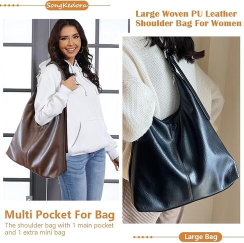 Women Large Hobo Bags Vegan Leather Shoulder Handbag Slouchy Tote Purses for Travel Shopping in Kuwait