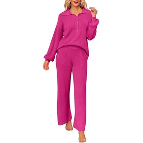 TOLENY Women 2 Piece Lounge Outfits Set Half Button Sweater Wide Leg Pant Loungewear Tracksuit