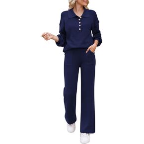 TOLENY Women 2 Piece Lounge Outfits Set Half Button Sweater Wide Leg Pant Loungewear Tracksuit