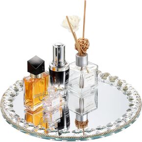 Hipiwe Mirror Glass Vanity Tray Sparkling Crystal Perfume Tray Round Decorative Tray Gorgeous Makeup Organizer Tray Jewelry Trinket Tray for Bathroom Dresser Table, 10.6 inch