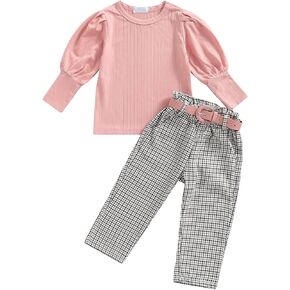 LXXIASHI 3PCS Toddler Baby Girl Puff Long Sleeve Knitting Pullovers Shirt + Plaid Long Pants + Belt Outfits Sets