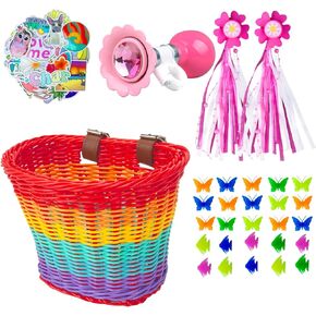 Bicycle Basket for Girls,Kids Bike Basket Rainbow Woven Bicycle Basket,Bike Horn,Bike Handle Streamers and Stickers, Bike Wheel Spoke Decoration Set for Girls Boys