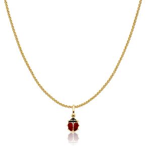 Ioka 14K Yellow Gold Lady Bug Colored Enamel Lucky Charm Pendant with 0.9mm Wheat Chain Necklace