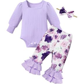CRISONE Baby Girl Clothes Newborn Square Neck Romper + Flared Pants+ Cute Headband 3pcs Infant Girl Outfit Set