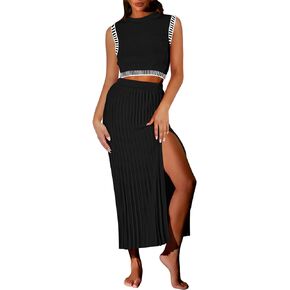 Pink Queen Women's 2 Piece Sweater Outfits Set Sleeveless Crop Top Ribbed Split Bodycon Midi Long Skirt Knit Dresses