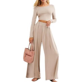MEALMATO Women 2 Piece Lounge Set Backless Outfits Long Sleeve Crop Top Wide Leg Pants Set with Pockets