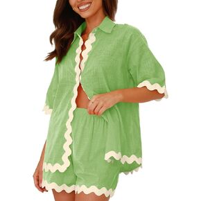 Misng Womens 2024 Summer 2 Piece Matching set Summer Beach Outfits Long Sleeve Oversized Shirts And Shorts Pajama Sets