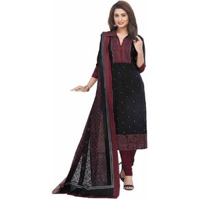 Miraan Women's Unstitched Cotton Dress Material/Churidar Suit One Size Black