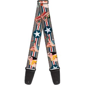Buckle-Down Guitar Strap Pin Up Girl Poses Close Up Star Stripes Gray Blue White Red 2 Inches Wide