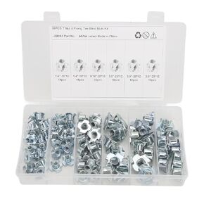 Aramox 80Pcs T Nuts Carbon Steel Galvanized Layer Rust Resistant Sturdy 1/4in 5/16in 3/8in Pronged Tee Nut Threaded Inserts Assortment Set